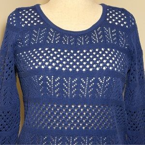 LOFT Blue Open Knit Sweater Medium 3/4 Sleeve Crochet Lace Cotton